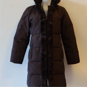Dana B. Real fur trimmed Chocolate Brown down coat .